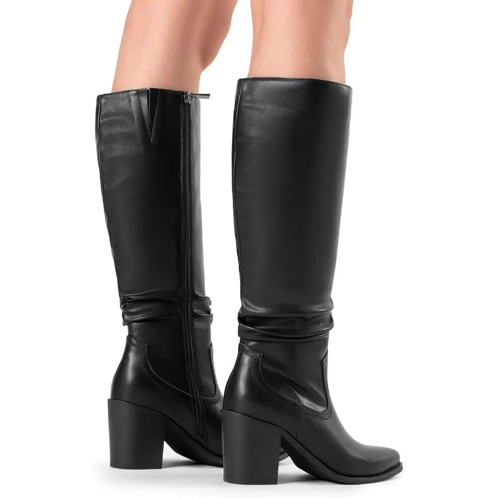 Women's Faux Leather Knee-High Boots Suede Block Heel Side Zipper Size 7